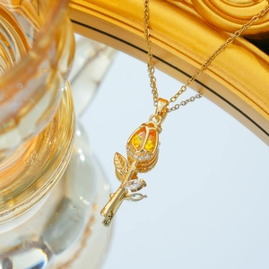 Elegant gold tulip pendant necklace with yellow crystal zircon and S925 sterling silver stamp