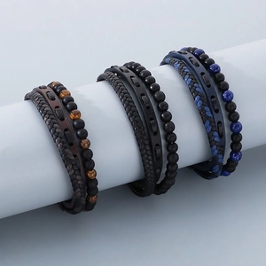 Bracciale Multistrato In Pelle Intrecciata Da Uomo Perline Occhio Di Tigre Agata Acciaio Inossidabile Chiusura Magnetica Gioielli Punk