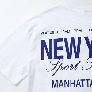 White cotton t-shirt with blue New York Manhattan sports print and crew neck detail
