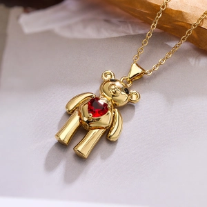 Gold teddy bear pendant necklace with red heart zircon stone for women