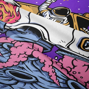 Macro view of woven astronaut tapestry showing vibrant colors and soft fabric texture