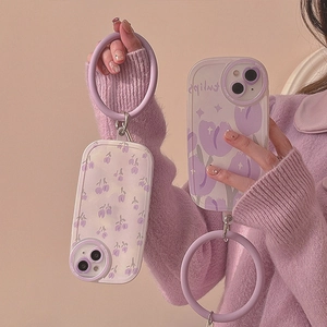 Purple floral silicone phone case with matching wristlet strap and silver metal clasp