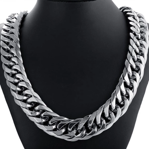 Mens heavy punk style stainless steel silver Cuban link chain necklace on model display