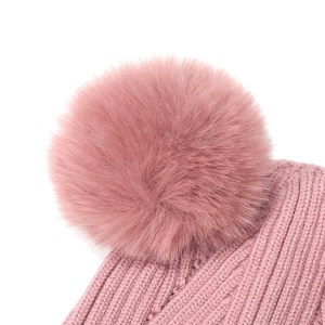 Pink knitted winter hat for kids featuring a large soft faux fur pom-pom and ribbed texture
