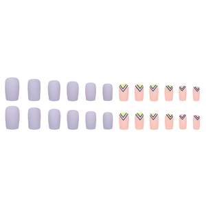 Short square press-on nails in purple and coral with geometric V-shape French design