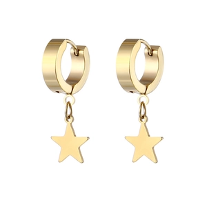 Close-up of golden stainless steel star pendant earrings with huggie hoop closures
