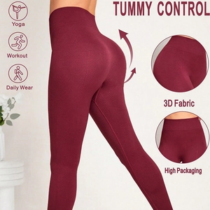 Damen Hohe Taille Bauchkontrolle Yogahose Nahtlos Wabenstruktur Leggings Weinrot Sport Fitness Training Unterteil