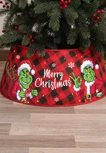 Christmas tree collar with Grinch motif and red buffalo plaid fabric decoration