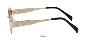 Detail of metal temple with golden emblem and black earpiece on diamond-shaped sunglasses
