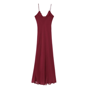 Abito Maxi Con Volant Scollo A V Spalline Sottili Chiffon Tinta Unita Elegante Senza Maniche Party Donna Bordeaux