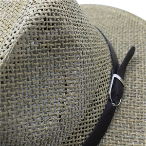 Unisex straw fedora hat in light brown with dark leather band and silver buckle