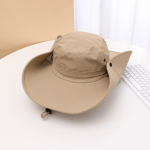 Detail of khaki wide brim sun hat with snap buttons, air vents and adjustable chin strap