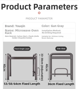 Detailed technical dimensions for the carbon steel microwave shelf in gunmetal grey finish