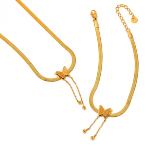 Parure de bijoux dorés en acier inoxydable avec chaînes à chevrons et papillons