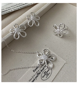 Detailed view of S925 silver flower jewelry set with sparkling zircon inlays
