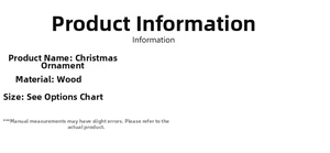 Detail specifications of wooden Christmas tree ornaments with material and size info