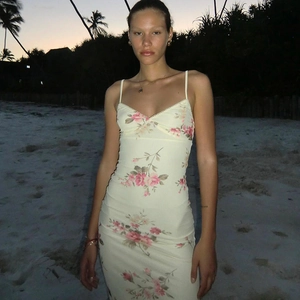 Floral Print Spaghetti Strap Maxi Dress Polyester Spandex U-Neck Slim Fit Sleeveless Summer Casual Vacation Long Dress