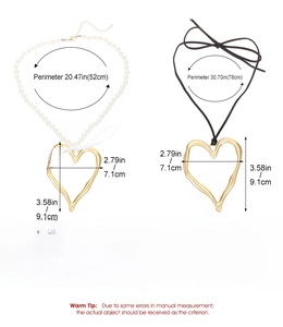Tableau des tailles détaillé pour collier pendentif cœur géant avec perles et cordon