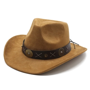 Detailed texture of brown suede cowboy hat with studded leather band and cross stitching
