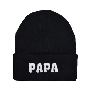 Classic black knit beanie with white fuzzy PAPA embroidery on a clean white background