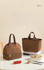Close-up of caramel insulated lunch bags with double-layer design and splash-proof fabric