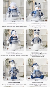 Size chart showing dimensions and weight for blue Christmas plush snowmen and bear figures
