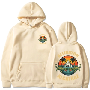 Front and back view of cream Alligator Alcatraz graphic hoodie with colorful illustrations