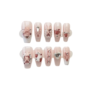 Handmade long trapezoid press-on nails Alice in Wonderland theme with cute 3D bunny and strawberry