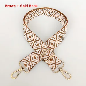 Detail of brown and white geometric woven strap with gold metal swivel snap hooks