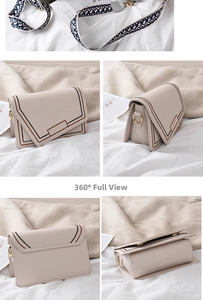 Detailed four-way view of off-white crossbody bag with blue patterned wide strap