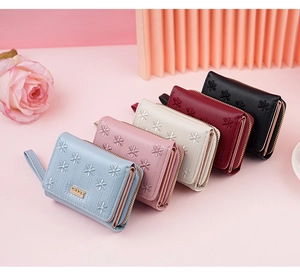Short PU leather wallet collection with elegant flower embroidery and five color options
