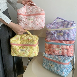 Quilted Cotton Gingham Cosmetic Bag Bow Print Travel Toiletry Storage Organizer Portable Sweet Floral Pouch For Women