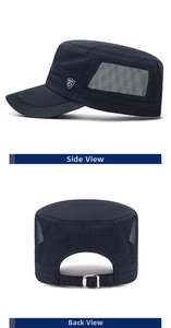 Detail view of quick-dry hat featuring breathable mesh side panels and adjustable metal buckle