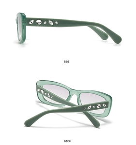 Detail view of light green square sunglasses with sparkling rhinestone crystals on temples