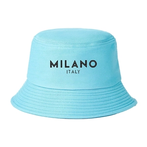 Sky blue canvas bucket hat featuring black MILANO ITALY print for outdoor sun protection