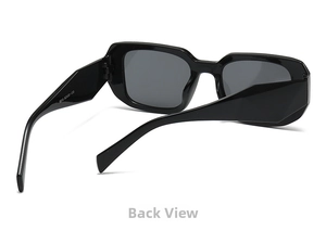 Detail view of square black sunglasses with durable hinges and dark gray lenses