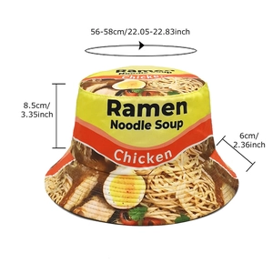 Unisex yellow ramen noodle soup print bucket hat with wide brim for sun protection