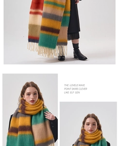 Close-up of thick striped knit scarf featuring vibrant color blocks and long fringe tassels