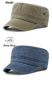 Vertical view of khaki and navy washed cotton cadet caps with metal eyelets and stitching