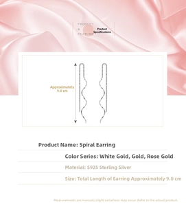 Detail view of 9.0cm S925 sterling silver spiral threader earrings with dimensions