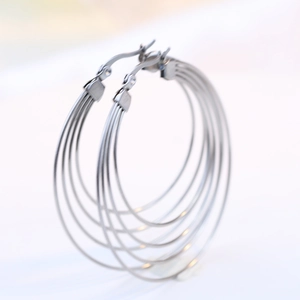 Modern multi-layer silver stainless steel hoop earrings with stacked ring design