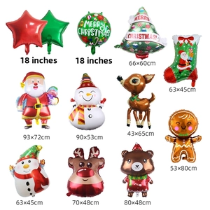 Detailed view of various 18-inch Christmas foil balloons with Santa and snowman motifs