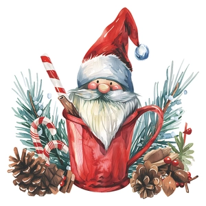 Christmas Santa Claus mug wall sticker with watercolor pine cones and candy cane decor