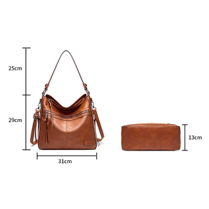Detailed view of brown leather tote bag with dimensions and bottom structure display