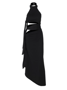 Sleek black halter-neck maxi dress with cut-out waist and side tie-up details