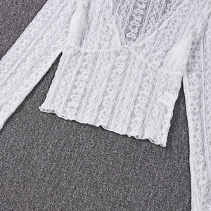 Detailed close-up of intricate white lace pattern and scalloped hem on long sleeve top