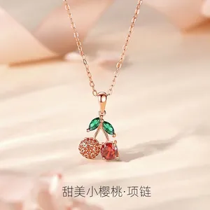 Sweet Cherry Pendant Necklace 925 Sterling Silver Cubic Zirconia Clavicle Chain Korean Fashion Jewelry For Women Elegant Gift