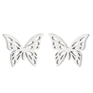 Close-up of silver hollow butterfly stud earrings crafted in polished stainless steel