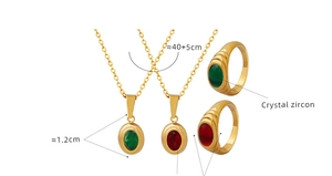 Detail view of crystal zircon jewelry set dimensions for green and red stone necklaces