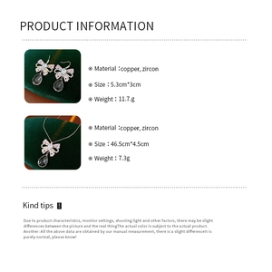 Detailed size chart for bow zircon necklace and earrings set with tassel drop pendant